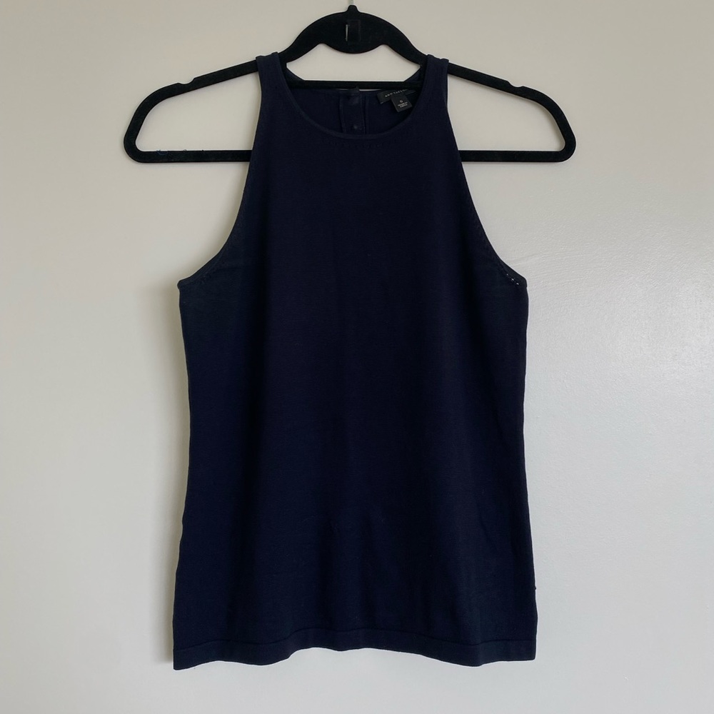 Dark navy high neck racer back halter fine knit tank top
